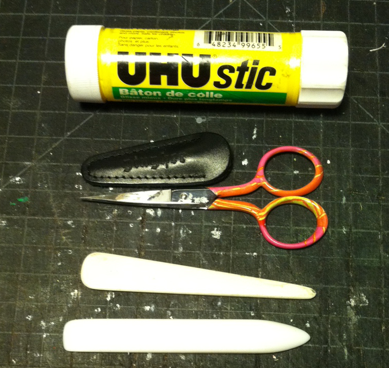 UHU Glue stick, Fave Scissors, Bone Folder and Teflon Folder