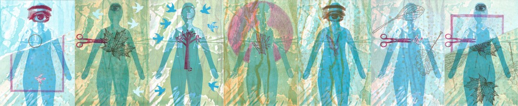 Melanie Mowinski, Waxing My Third Eye, letterpress, collage, colored pencil, 2015